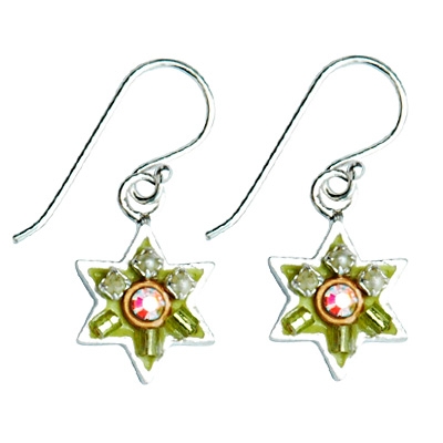 Enamel and Silver Star of David Earrings - Green
